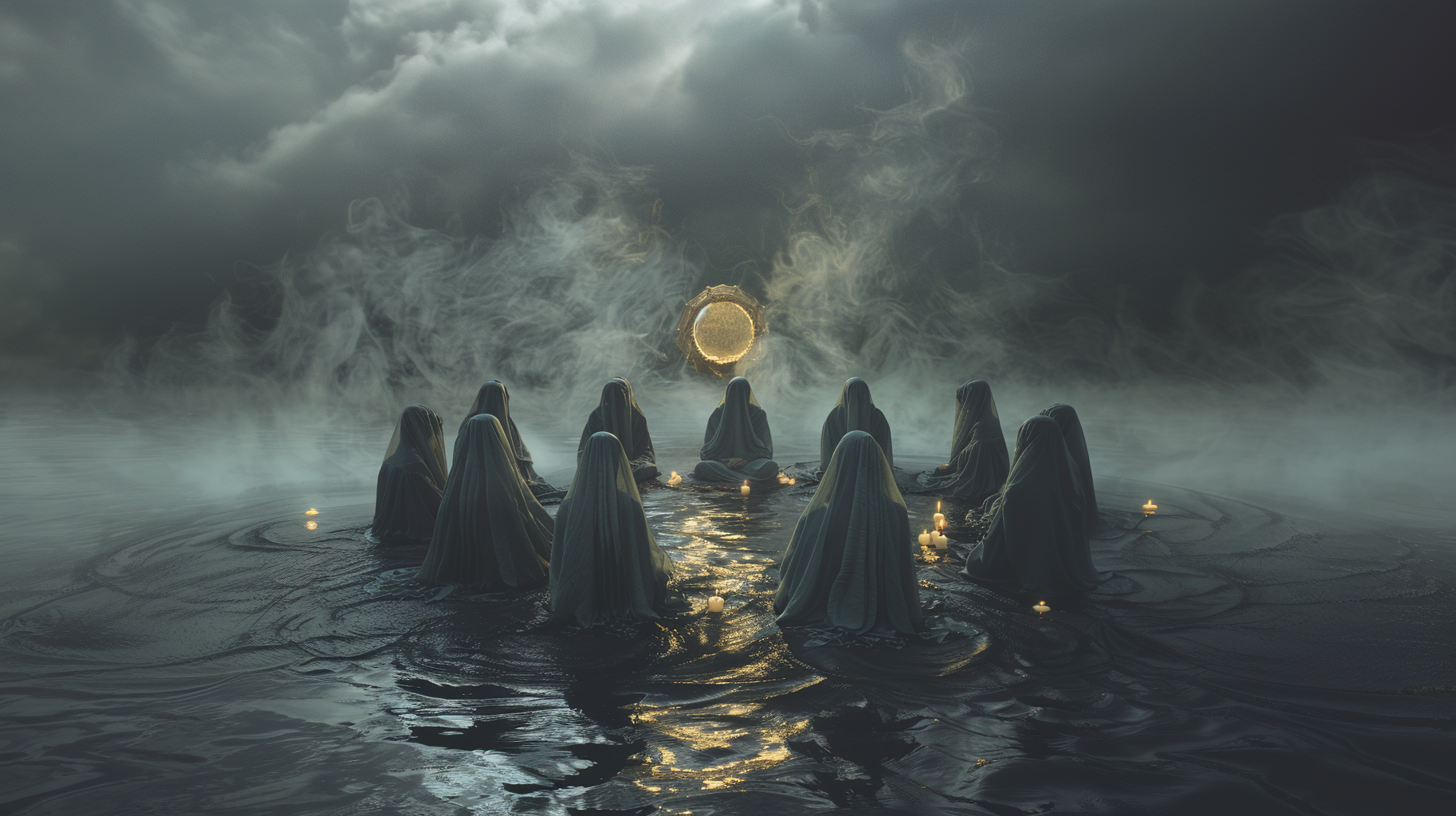 A dark, moody fantasy scene showing several hooded figures standing in shallow water under a stormy sky, with a glowing circular moon or sun suspended in the center above them.