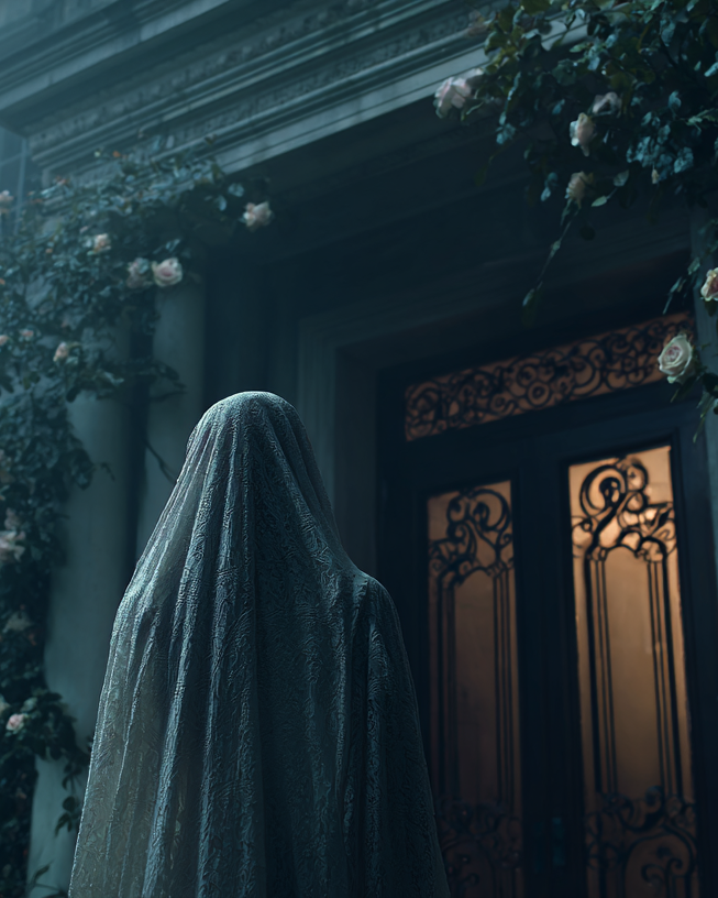 A ghostly hooded figure in a tattered white cloak stands before an ornate dark doorway framed by climbing white roses in a foggy, atmospheric setting. | Gift From Neptune, the Creatrix Cathedral